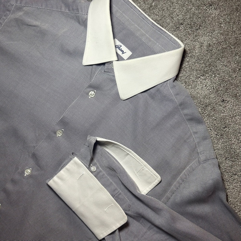 Brioni Dress Shirt Mens 41/16 Grey Stripe Contrast Collar French Cuff Italy